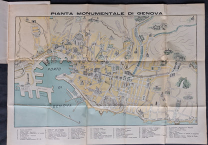 Vue d'ensemble du plan monumental et illustré de la ville de Gênes, montrant le port, le centre-ville et les collines environnantes.