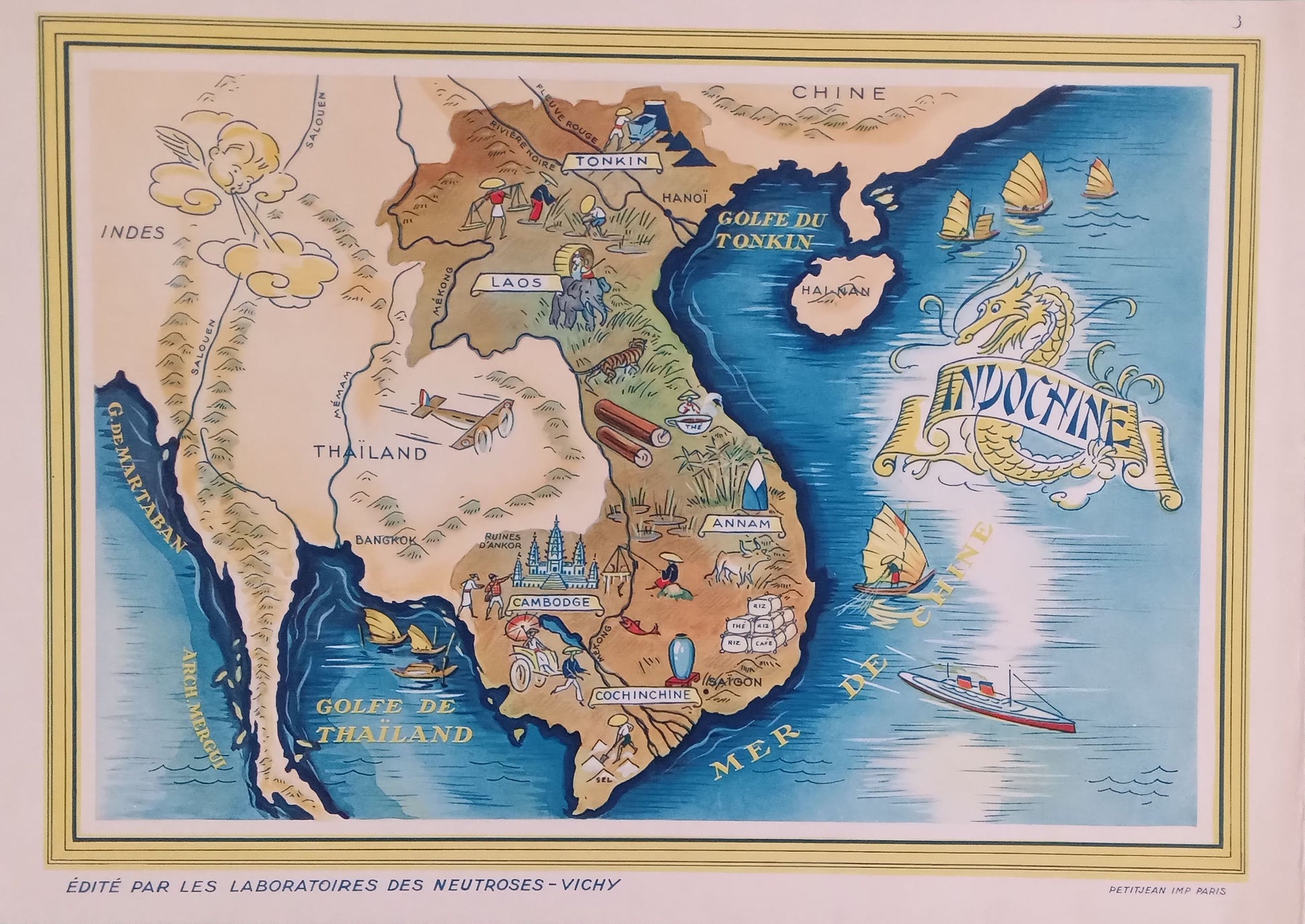 Carte illustrée vintage de l'Indochine française par J. Petit (1939), représentant les régions coloniales et les pays voisins avec des vignettes picturales