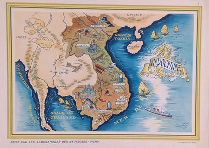 Carte illustrée vintage de l'Indochine française par J. Petit (1939), représentant les régions coloniales et les pays voisins avec des vignettes picturales