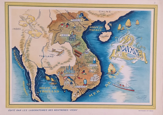 Carte illustrée vintage de l'Indochine française par J. Petit (1939), représentant les régions coloniales et les pays voisins avec des vignettes picturales
