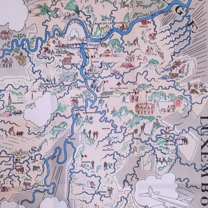 Détail de la partie centrale d'une carte illustrée et vintage du Pays de Namur, mettant en évidence les villes de Namur, Dinant, et les méandres de la Meuse. Des illustrations de tentes, de soldats, et d'autres scènes parsèment le paysage. On distingue les villes de Walcourt, Annevoie, Givet, et Marche-les-Dames