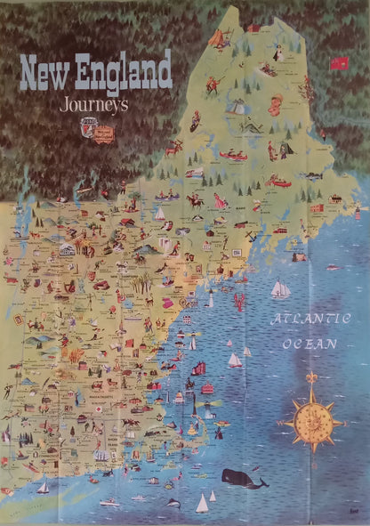 Cette carte ancienne de la Nouvelle-Angleterre est une représentation vibrante et illustrée des États du Nord-Est américain. Chaque État est parsemé de petites illustrations détaillant des scènes de la vie locale, des repères historiques et des activités de plein air, allant de la navigation sur la côte atlantique aux randonnées dans les forêts du Maine. On distingue clairement les grandes villes historiques comme Boston et les célèbres îles de Martha's Vineyard et Nantucket. L'approche est résolument touri