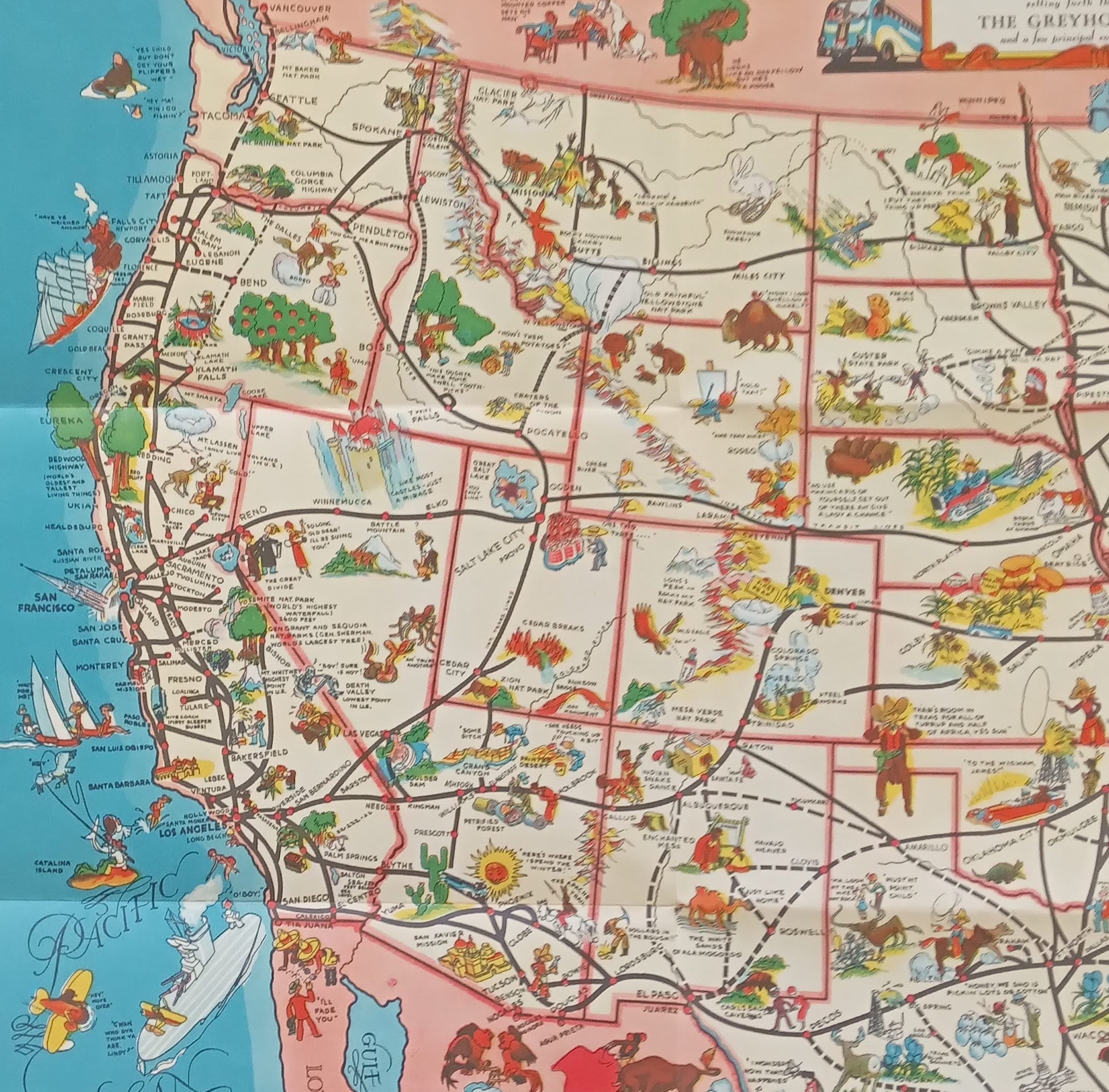 Gros plan sur la partie ouest de la carte Greyhound des États-Unis, incluant la Californie, le Nevada, l'Utah et l'Arizona, avec des illustrations du Grand Canyon, de San Francisco et des paysages du désert