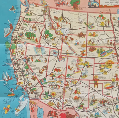 Gros plan sur la partie ouest de la carte Greyhound des États-Unis, incluant la Californie, le Nevada, l'Utah et l'Arizona, avec des illustrations du Grand Canyon, de San Francisco et des paysages du désert