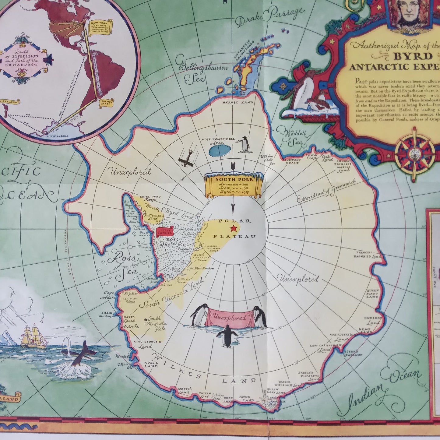 Vue d'ensemble du plan officiel de la deuxième expédition Byrd en Antarctique, avec ses illustrations de navires, pingouins et cartouches décoratifs.