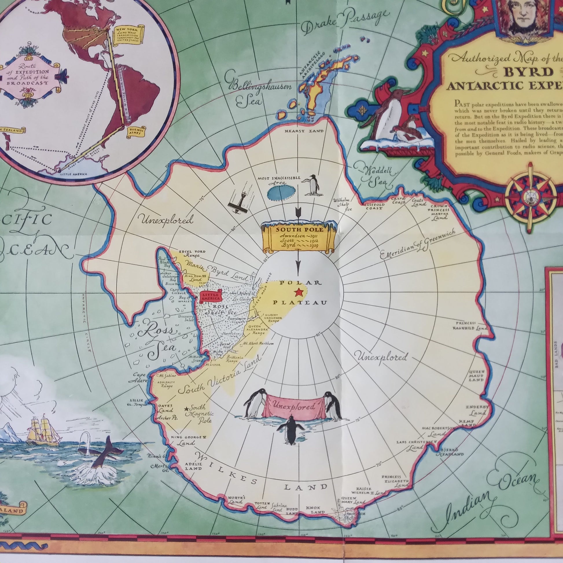 Vue d'ensemble du plan officiel de la deuxième expédition Byrd en Antarctique, avec ses illustrations de navires, pingouins et cartouches décoratifs.