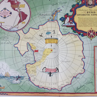 Vue d'ensemble du plan officiel de la deuxième expédition Byrd en Antarctique, avec ses illustrations de navires, pingouins et cartouches décoratifs.