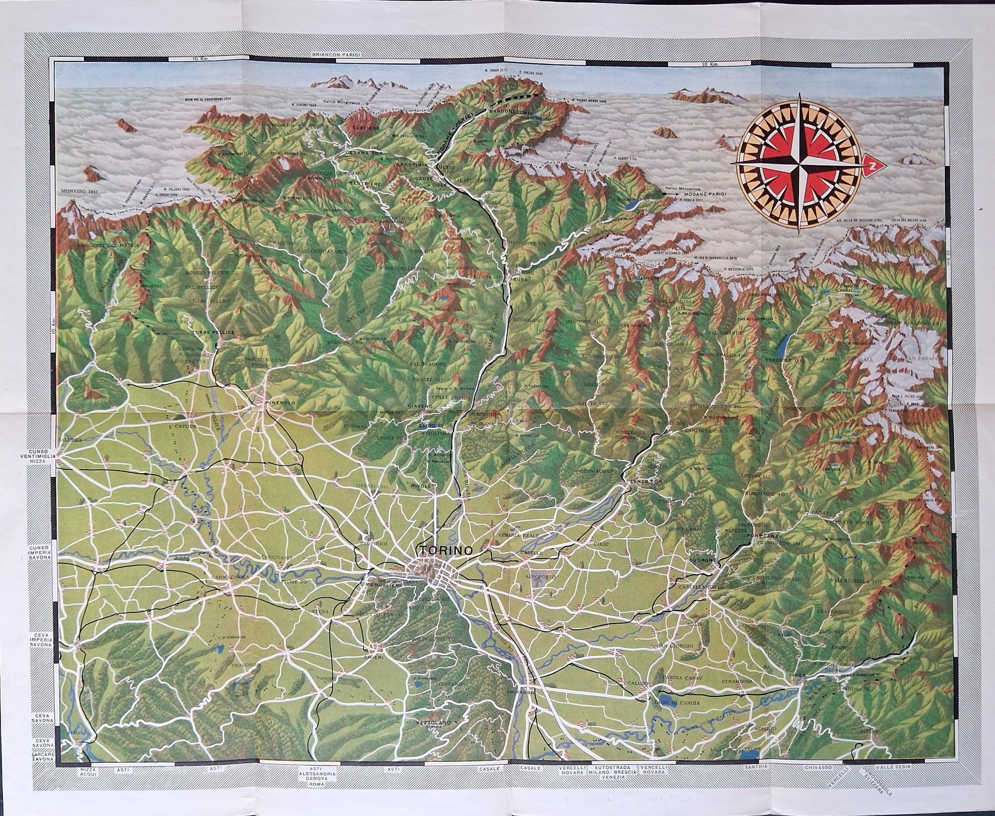 ue d'ensemble de la carte géographique ancienne de Turin et de ses environs, y compris le relief alpin très marqué dans la partie supérieure. Une rose des vents est visible dans le coin supérieur droit