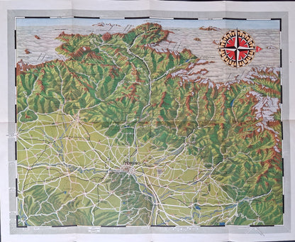 ue d'ensemble de la carte géographique ancienne de Turin et de ses environs, y compris le relief alpin très marqué dans la partie supérieure. Une rose des vents est visible dans le coin supérieur droit
