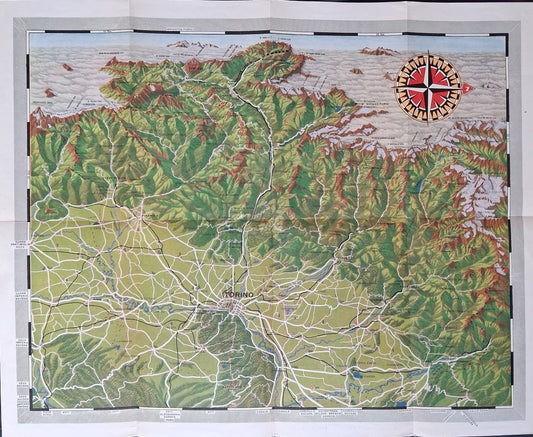 ue d'ensemble de la carte géographique ancienne de Turin et de ses environs, y compris le relief alpin très marqué dans la partie supérieure. Une rose des vents est visible dans le coin supérieur droit