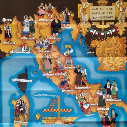 Gros plan sur la partie supérieure de la carte, montrant les régions du Nord (Piémont, Lombardie, Vénétie) et du centre (Émilie, Toscane) avec leurs costumes, et l'encadré du titre.