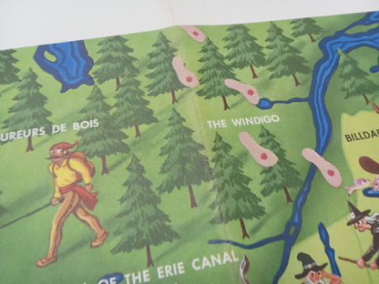 Carte picturale dépliante, vintage des contes et légendes américains, intitulée 'American Folklore & Legends', créée par John Dukes McKee vers 1950, illustrant une multitude de figures historiques, folkloriques et mythiques à travers les États-Unis