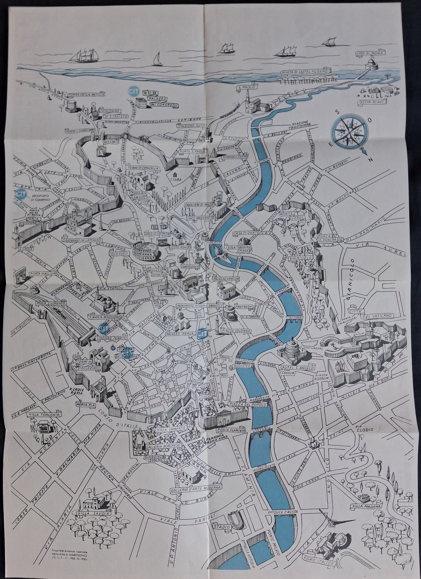 Vue d'ensemble de la carte illustrée et pliée de Rome, montrant le centre-ville, le fleuve Tibre en bleu et les principaux monuments.