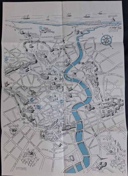 Vue d'ensemble de la carte illustrée et pliée de Rome, montrant le centre-ville, le fleuve Tibre en bleu et les principaux monuments.