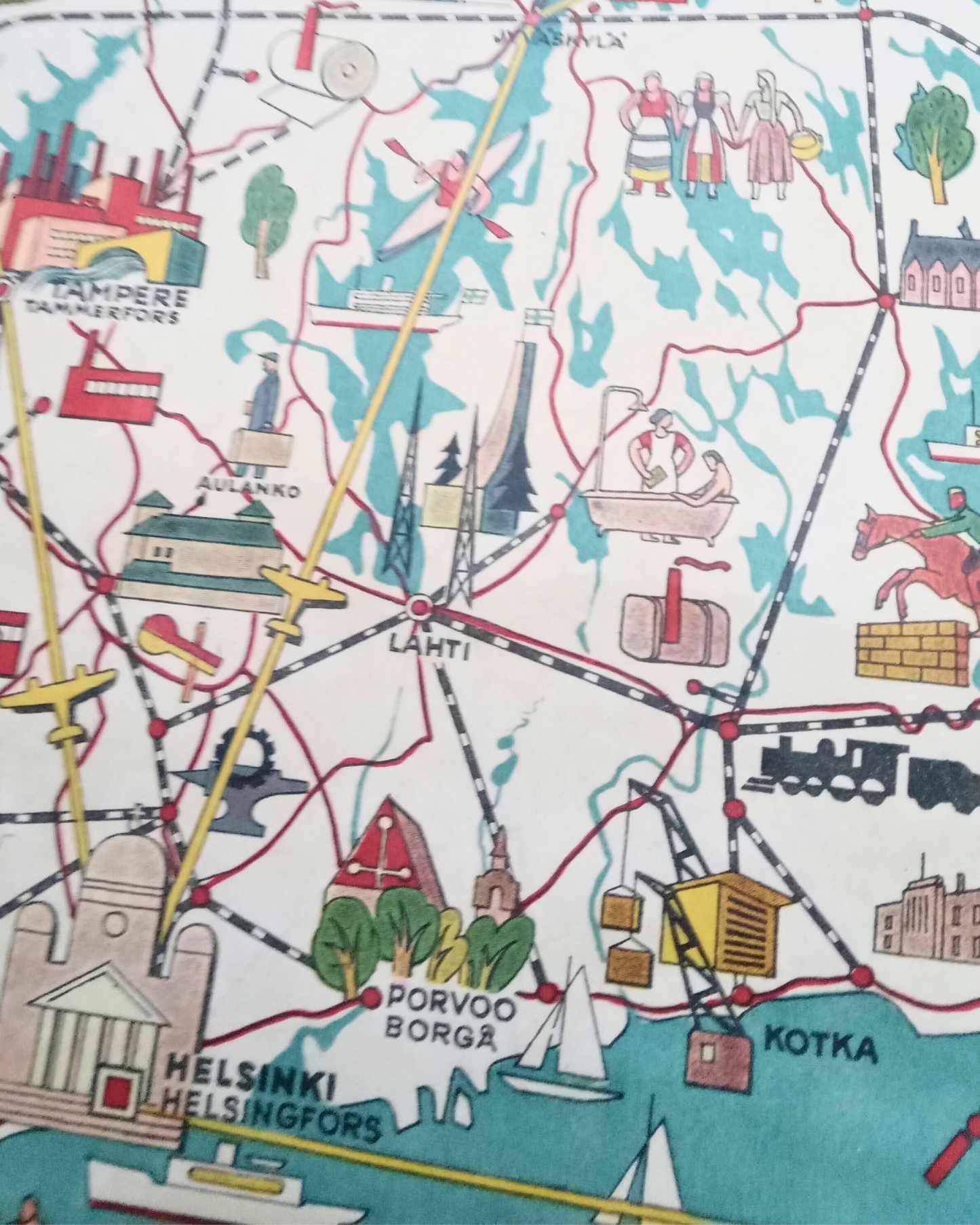 Gros plan sur une affiche vintage de la Finlande montrant la région sud avec les villes de Helsinki et Porvoo et leurs illustrations industrielles et maritimes