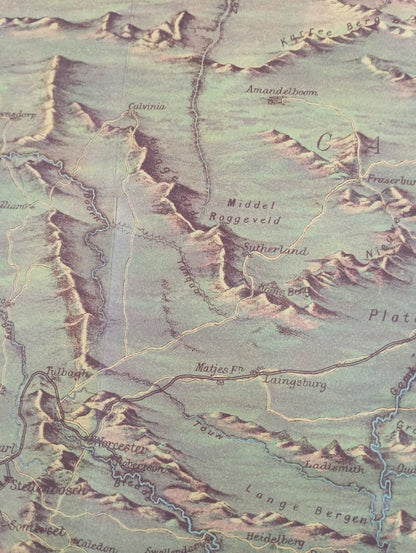 Détail d'une carte vintage de l'Afrique du Sud montrant la région du Cap de Bonne-Espérance avec les villes de Cape Town, Simonstown et Stellenbosch.