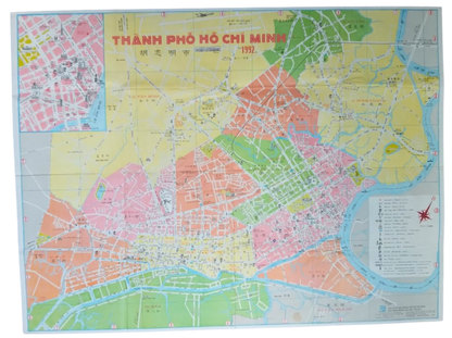 Plan géographique ancien de Hô Chi Minh (Saigon) - 1992 - Carte rétro touristique du Vietnam