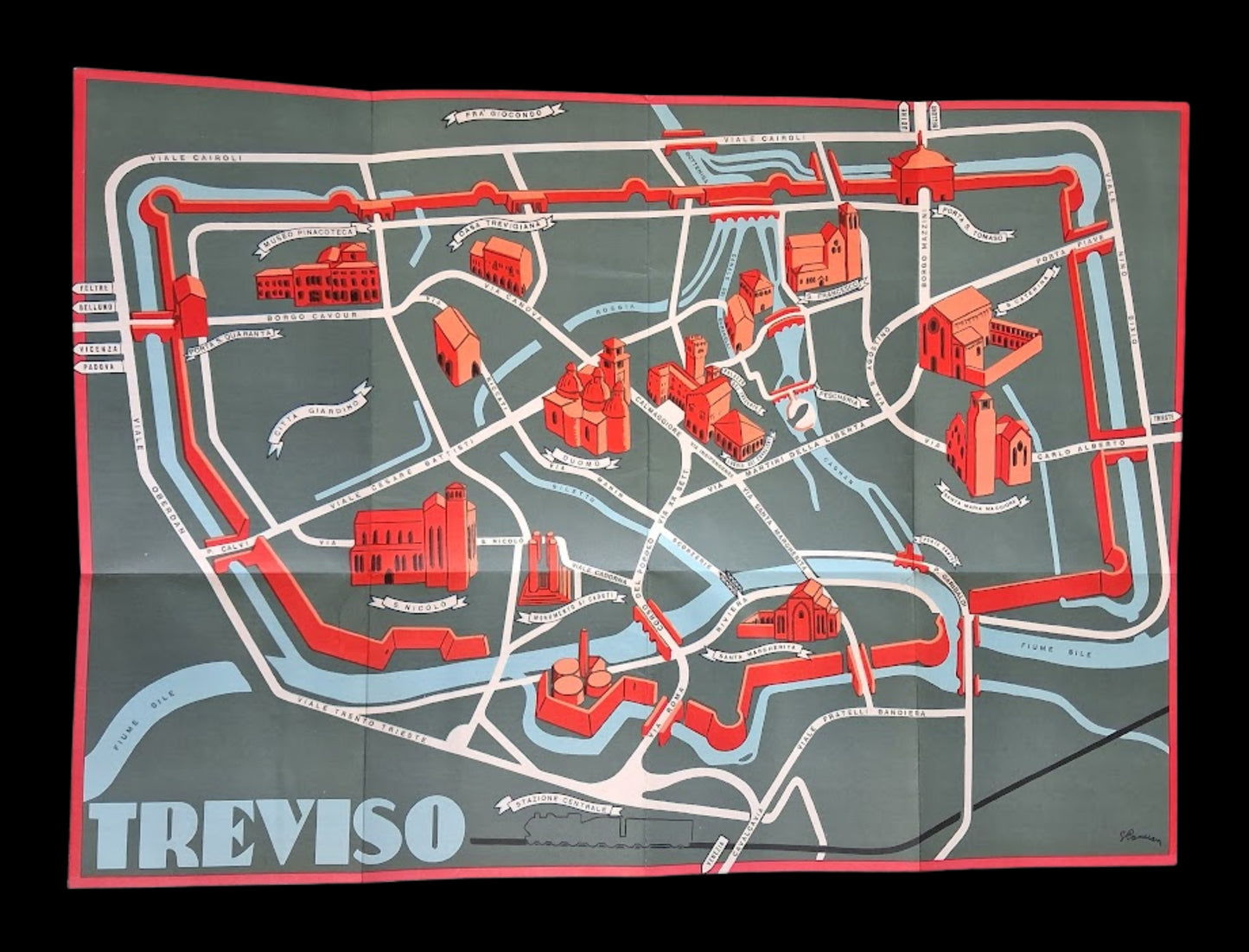 Plan touristique et illustré de la ville de Trévise en Italie, ca. 1950, sur fond gris-vert avec des bâtiments rouges.