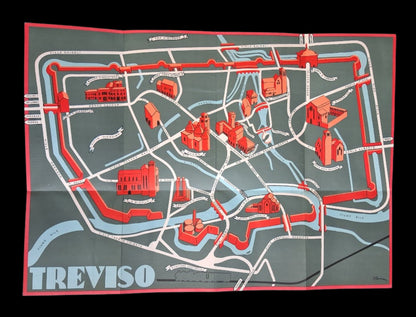 Plan touristique et illustré de la ville de Trévise en Italie, ca. 1950, sur fond gris-vert avec des bâtiments rouges.