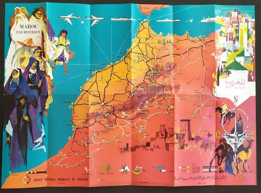 carte du maroc vintage, couleur orange bleue, avec des personnages et de illustration de l'époque