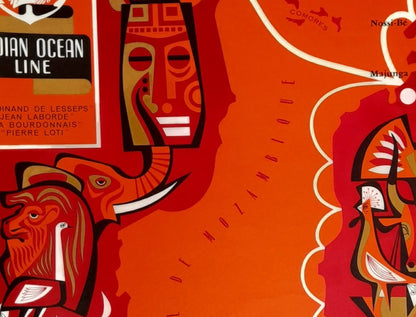 Gros plan sur la partie gauche montrant le logo "Messageries Maritimes Indian Ocean Line" et des illustrations graphiques d'un masque tribal et d'un éléphant dans des tons ocres et rouges.
