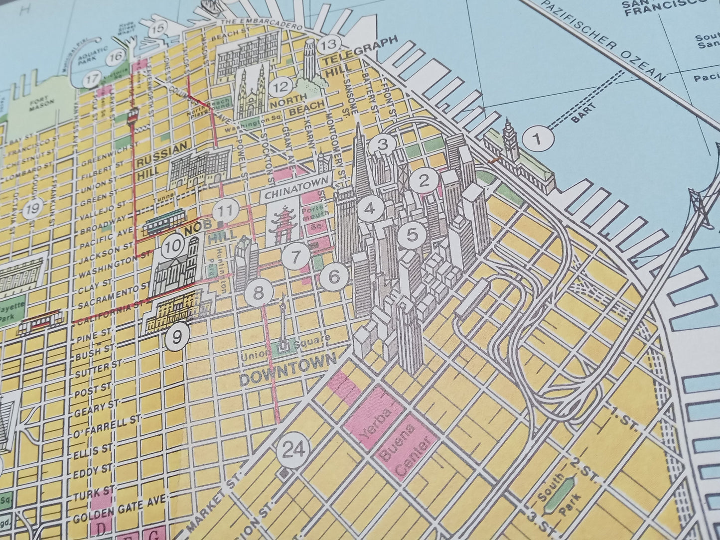 Plan pictural rétro et géographique de San Francisco - ca. 1980 - Vue du Golden Gate Park et de Downtown