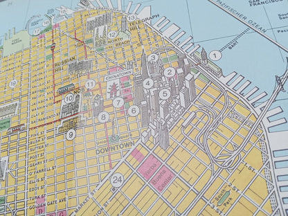 Plan pictural rétro et géographique de San Francisco - ca. 1980 - Vue du Golden Gate Park et de Downtown