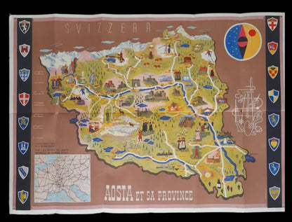 Carte picturale et touristique de la Vallée d'Aoste, en Italie, avec des illustrations de châteaux, de scènes de montagne et des armoiries sur les côtés, ca. 1930. Le titre est "AOSTA ET SA PROVINCE"