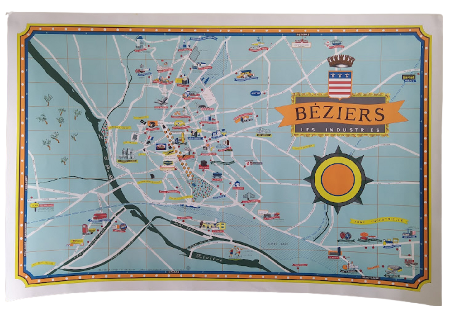 Carte illustrée vintage de la ville de Béziers par Jorj Morin (ca. 1960). Représentation géographique et picturale des industries.