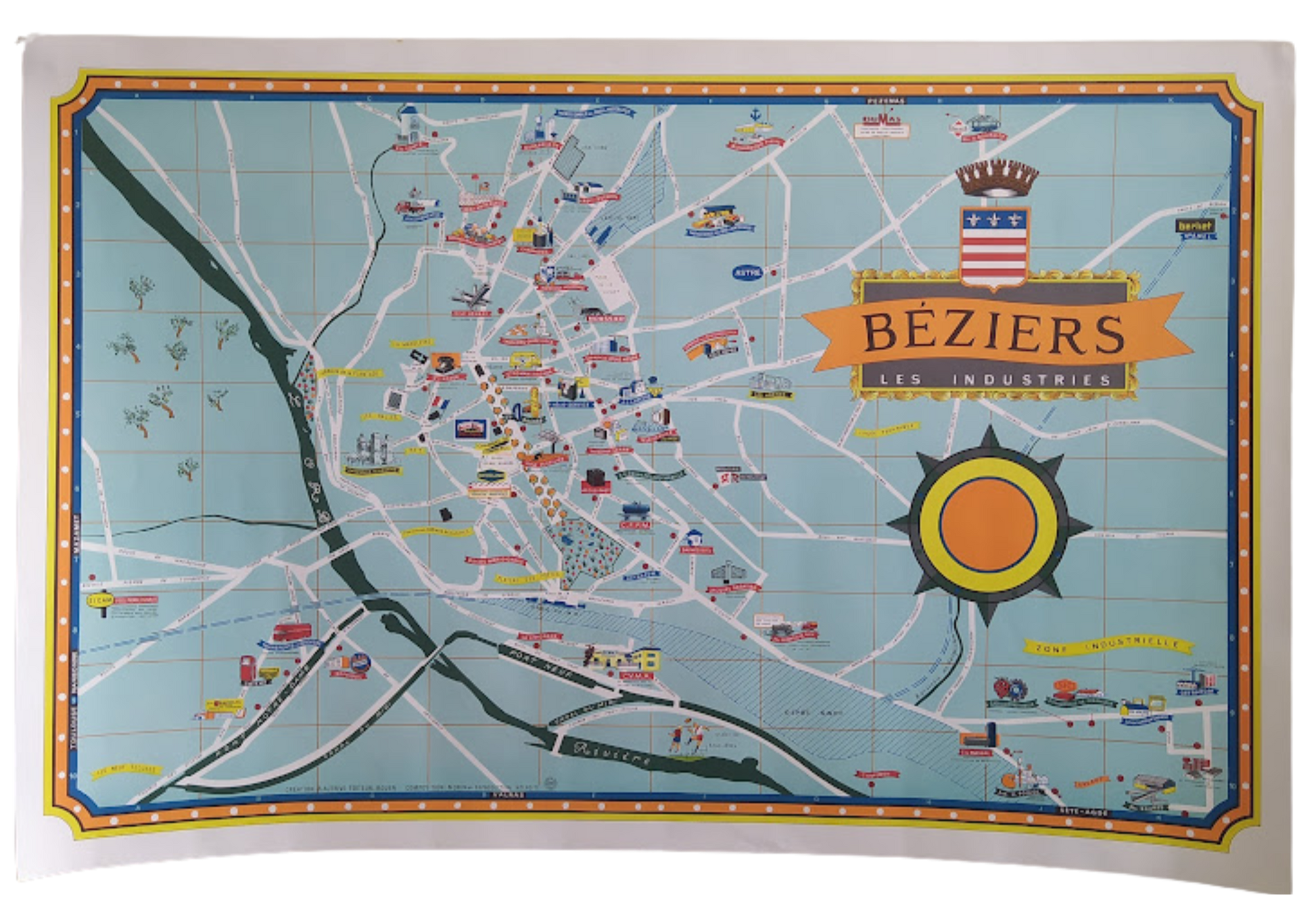 Carte illustrée vintage de la ville de Béziers par Jorj Morin (ca. 1960). Représentation géographique et picturale des industries.