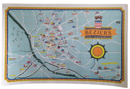 Carte illustrée vintage de la ville de Béziers par Jorj Morin (ca. 1960). Représentation géographique et picturale des industries.