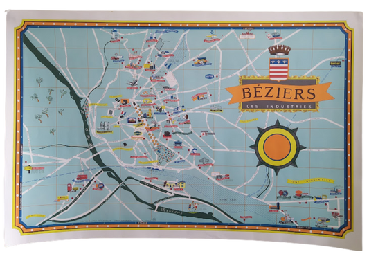 Carte illustrée vintage de la ville de Béziers par Jorj Morin (ca. 1960). Représentation géographique et picturale des industries.