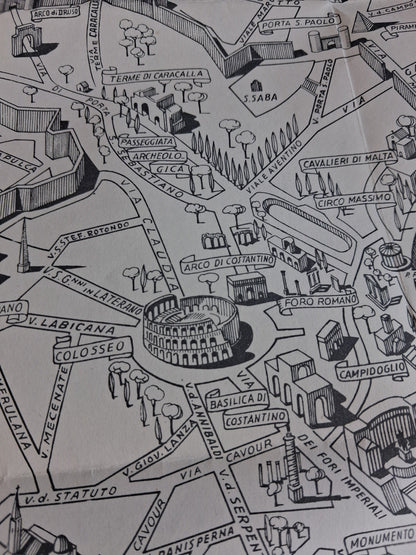 Gros plan sur la partie sud-centrale de la carte de Rome, avec le Colisée, le Monument à Victor-Emmanuel II, le Panthéon et le Château Saint-Ange.