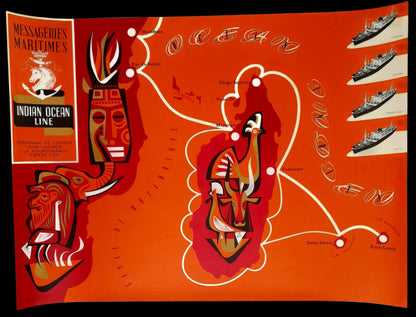 Affiche publicitaire vintage aux couleurs rouge et orange représentant une carte stylisée de l'Océan Indien avec des illustrations de masques africains, d'animaux et quatre paquebots sur la droite.