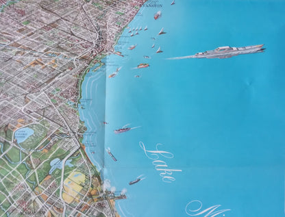 Détail de la côte du lac Michigan montrant de nombreux voiliers, des navires et les quartiers côtiers comme Evanston avec des annotations précises.

