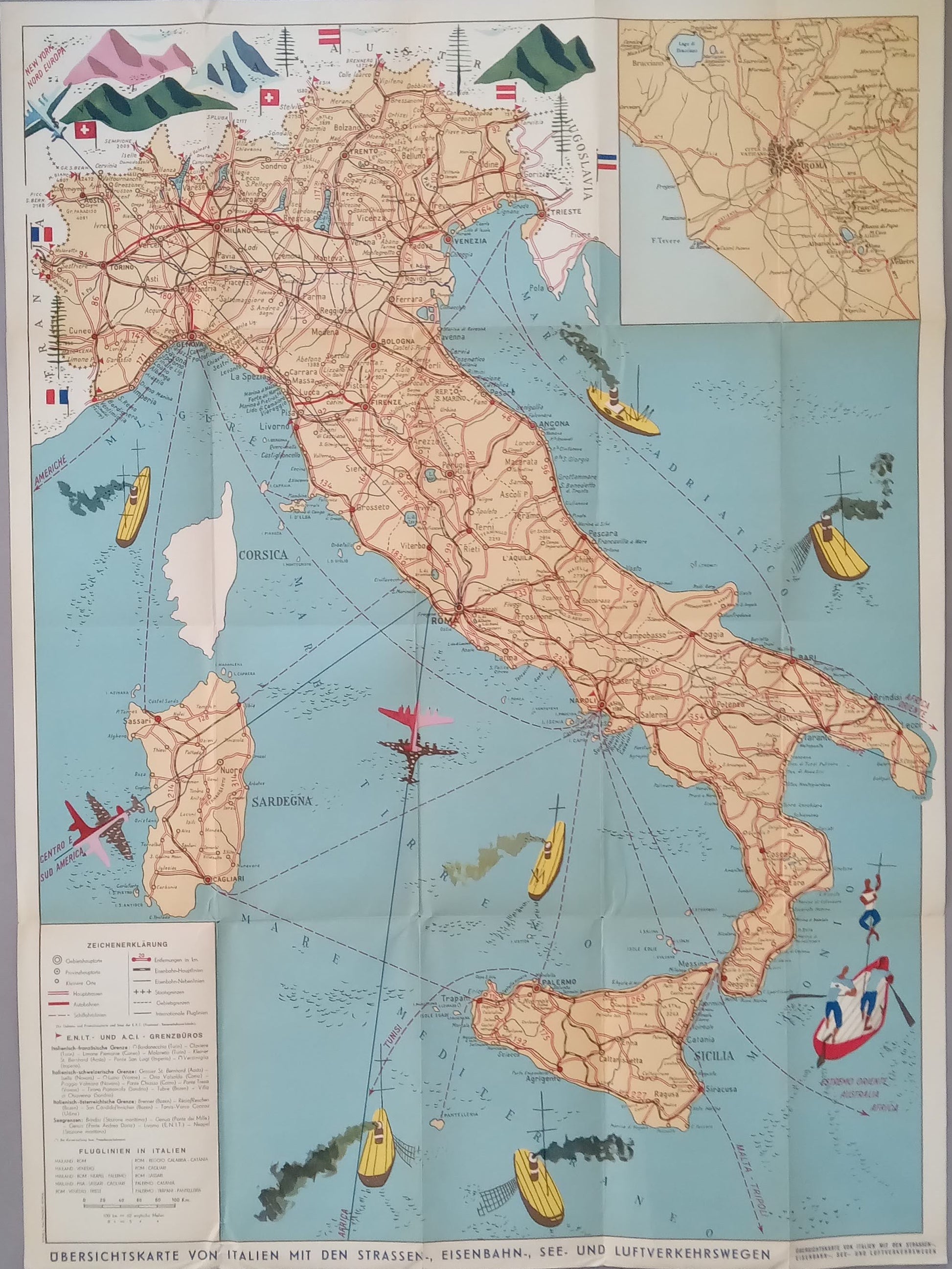 ue d'ensemble d'une carte d'Italie de 1953, intitulée "Übersichtskarte von Italien mit den Straßen-, Eisenbahn-, See- und Luftverkehrswegen" en bas. La carte présente l'Italie continentale, la Sicile et la Sardaigne, mettant en évidence les liaisons routières, ferroviaires, maritimes et aériennes (représentées par des illustrations de bateaux et d'avions). Une légende en allemand est visible en bas à gauche. La carte mesure 80x58 cm.