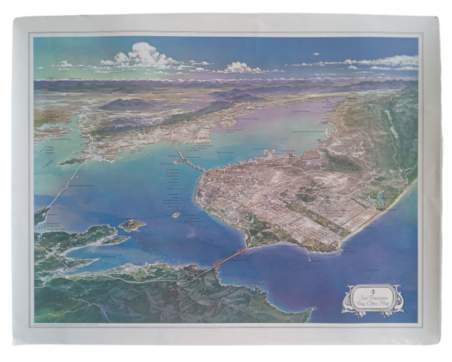 Affiche vintage de San Francisco (ca. 1960) vue aérienne, montrant l'ensemble de la ville, le Golden Gate Bridge et la baie.