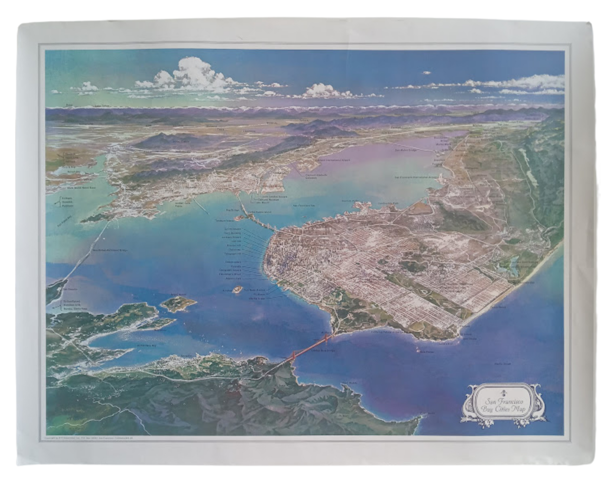 Affiche vintage de San Francisco (ca. 1960) vue aérienne, montrant l'ensemble de la ville, le Golden Gate Bridge et la baie.