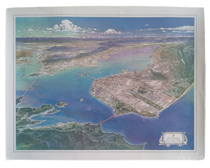 Affiche vintage de San Francisco (ca. 1960) vue aérienne, montrant l'ensemble de la ville, le Golden Gate Bridge et la baie.