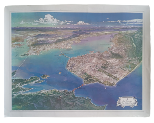 Affiche vintage de San Francisco (ca. 1960) vue aérienne, montrant l'ensemble de la ville, le Golden Gate Bridge et la baie.