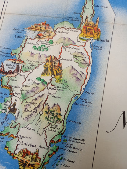 Zoom sur la corse de la carte géographique et illustrée ancienne de La Provence et la Corse, montrant les deux régions en couleurs sur un fond blanc, bordée par la Mer Méditerranée.