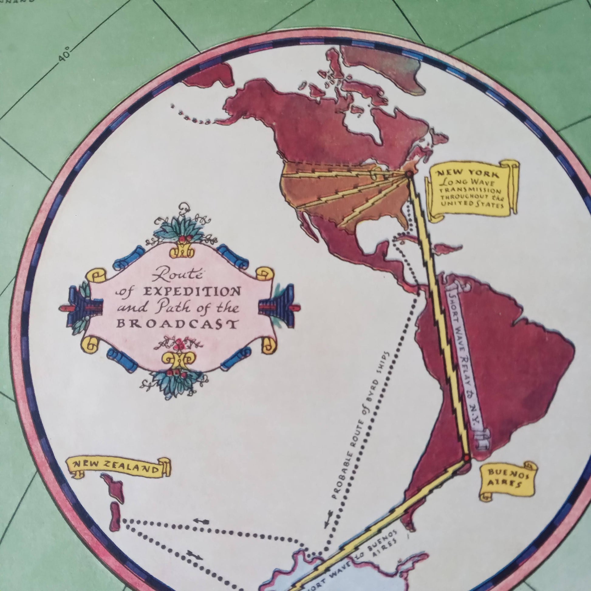 Détail du médaillon de la carte montrant le trajet des transmissions radio de l'expédition, de l'Antarctique à New York via l'Amérique du Sud.