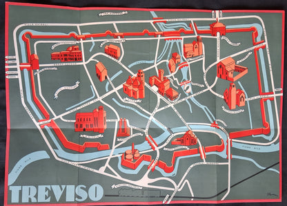 Vue d'ensemble du plan illustré de Treviso, montrant le centre-ville fortifié et les monuments majeurs en rouge sur fond gris-vert. Le titre "TREVISO" est grand en bas à gauche