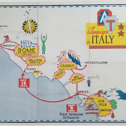 Partie centrale d'une carte illustrée des campagnes militaires en Italie, centrée sur la côte ouest. On y voit des villes comme Rome, Anzio, Naples et Salerne, reliées par un tracé rouge, avec des illustrations de batailles et de dates importantes comme "SEPT 9 1943 FIRST INVASION OF EUROPE". En haut à droite, le titre "Campaigns in ITALY".