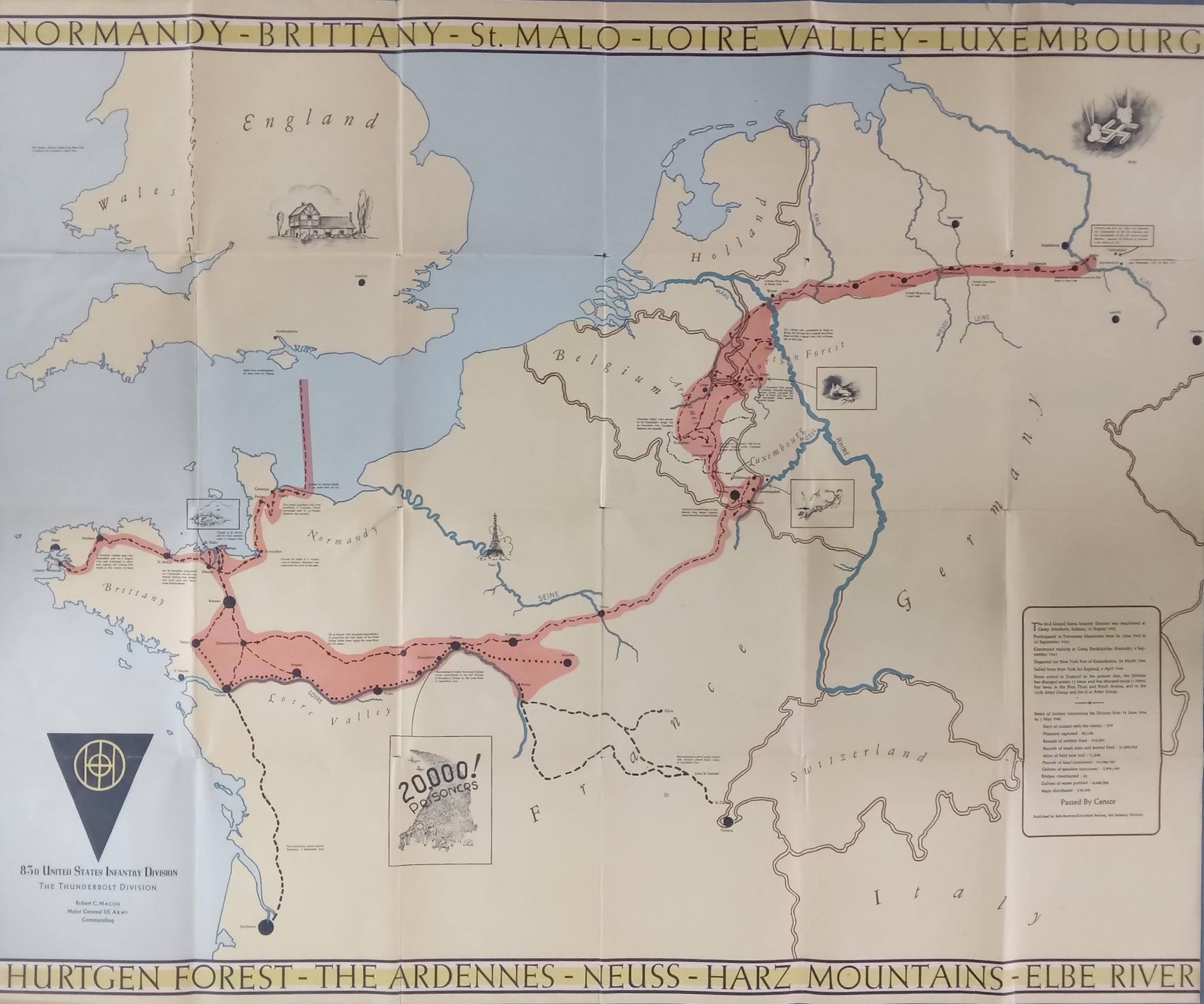 arte géographique ancienne montrant en rouge l'itinéraire de la 83e division d'infanterie des États-Unis à travers l'Europe de la Normandie au fleuve Elbe, avec des inscriptions comme "NORMANDY - BRITTANY - ST. MALO - LOIRE VALLEY - LUXEMBOURG" et "HURTGEN FOREST - THE ARDENNES - NEUSS - HARZ MOUNTAINS - ELBE RIVER". La carte est de taille 87,5x72,5 cm et présente des signes d'usure, notamment des trous aux plis.