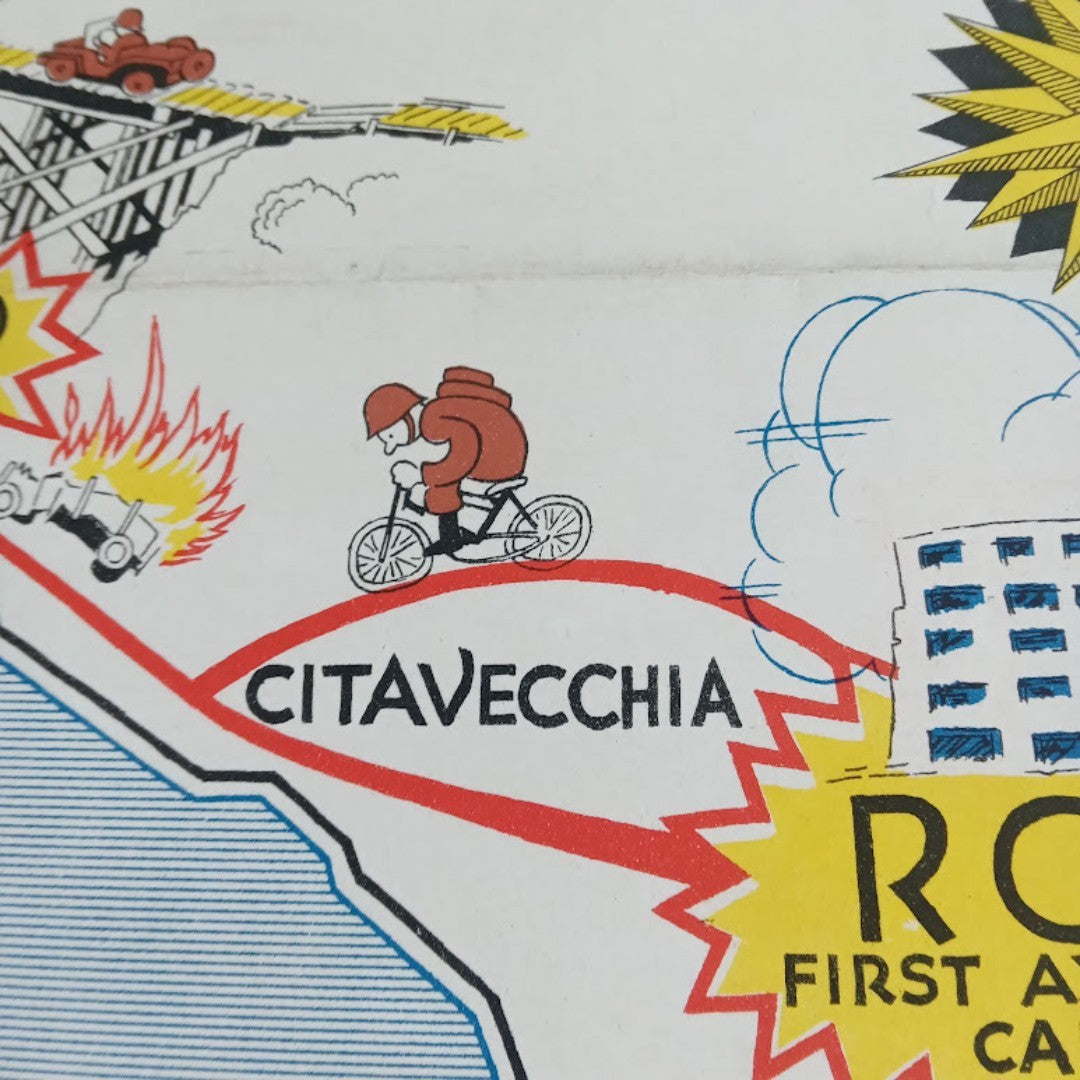 Gros plan sur une section d'une carte illustrée des campagnes militaires en Italie, montrant la ville de Civitavecchia avec un soldat à vélo et des explosions. Des détails graphiques de la carte sont visibles en haut à gauche et à droite.