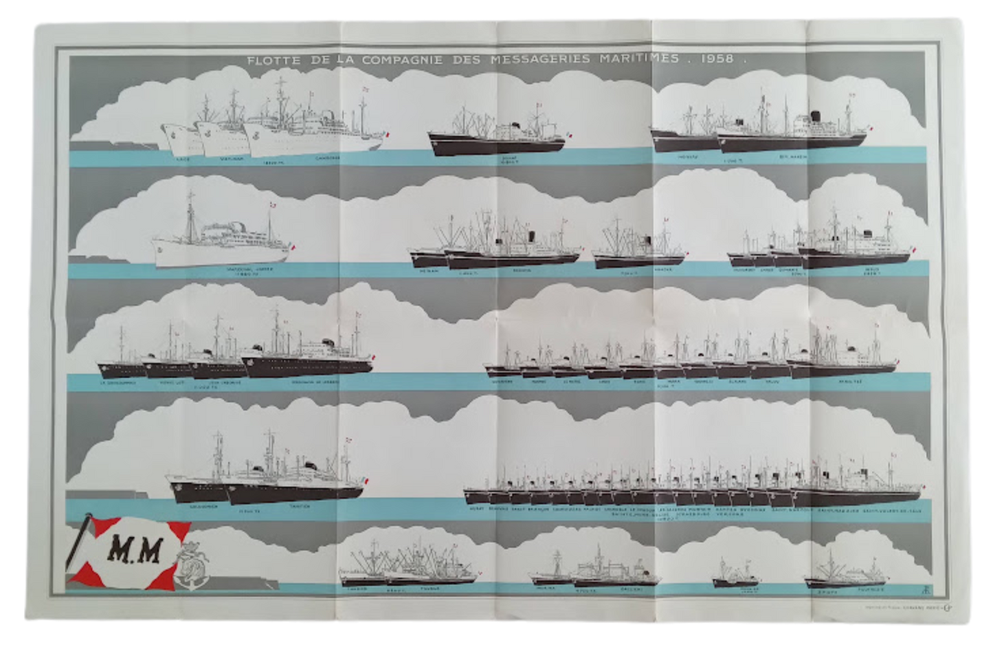 Verso de l'affiche depliée, illustrant la flotte de la Compagnie des Messageries Maritimes en 1958.