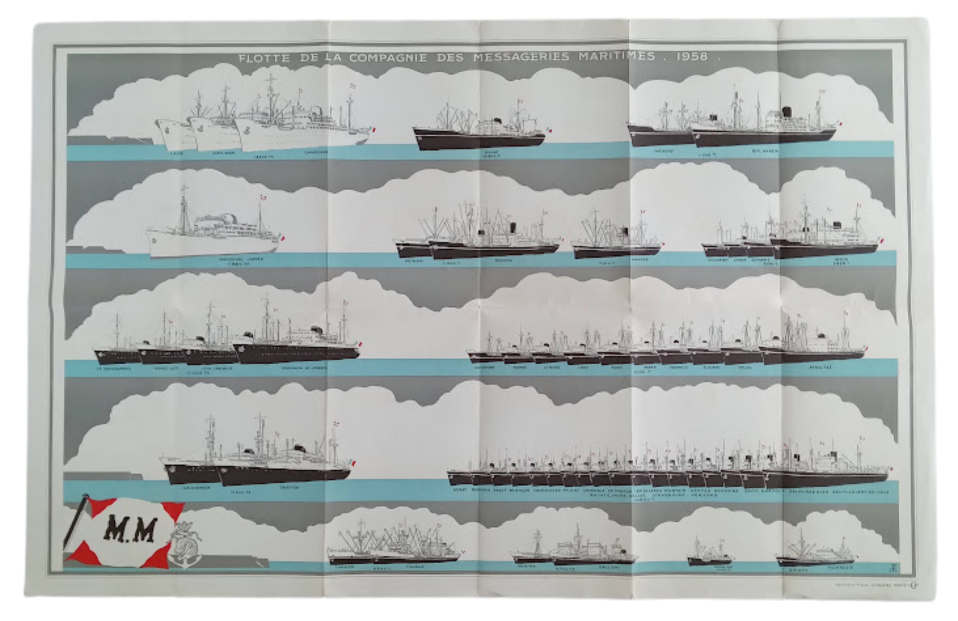 Verso de l'affiche depliée, illustrant la flotte de la Compagnie des Messageries Maritimes en 1958.