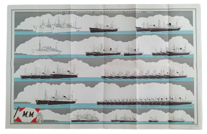 Verso de l'affiche depliée, illustrant la flotte de la Compagnie des Messageries Maritimes en 1958.