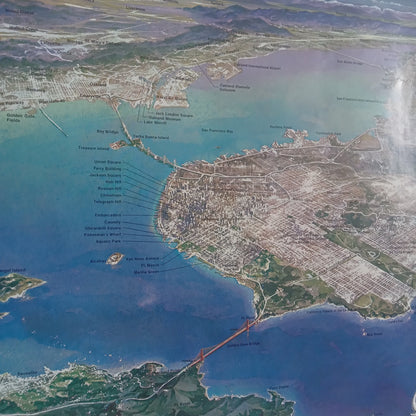 Affiche vintage de San Francisco (ca. 1960) vue aérienne, montrant l'ensemble de la ville, le Golden Gate Bridge et la baie.